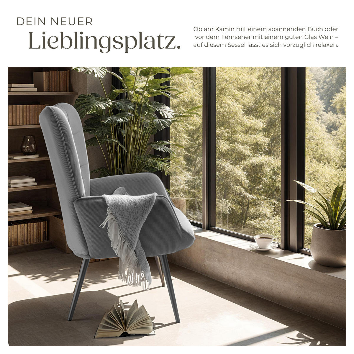 SESSEL Hygge,72 x 76 x 100,5 cm,Feincord anthrazit/schwarz - Anthrazit/Schwarz, Kunststoff (72/100.5/76cm) - tectake