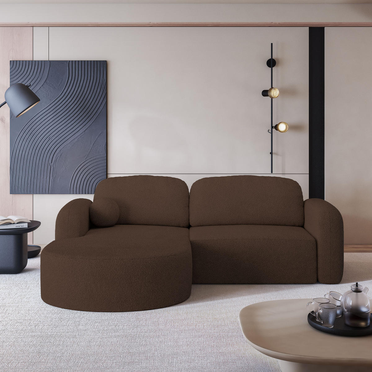 ECKSOFA AMILIA L-S Braun Boucle-Stoff mit Schlaffunktion - Braun, Holz (263/174cm) - MASSENO