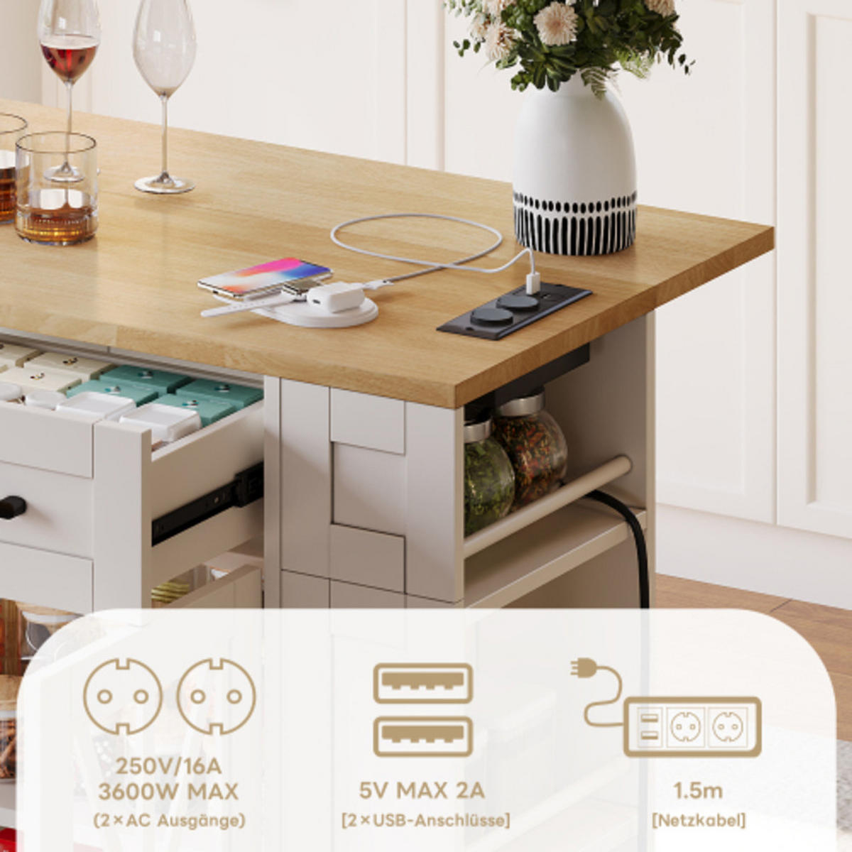 KÜCHENINSEL weiß-Neutral aus MDF mit klappbarer Erweiterungsplatte, Steckdosen und Laufrollen 120 × 40(65) × 92 cm - Weiß, Holzwerkstoff (120/92/65cm) - Luhomfu