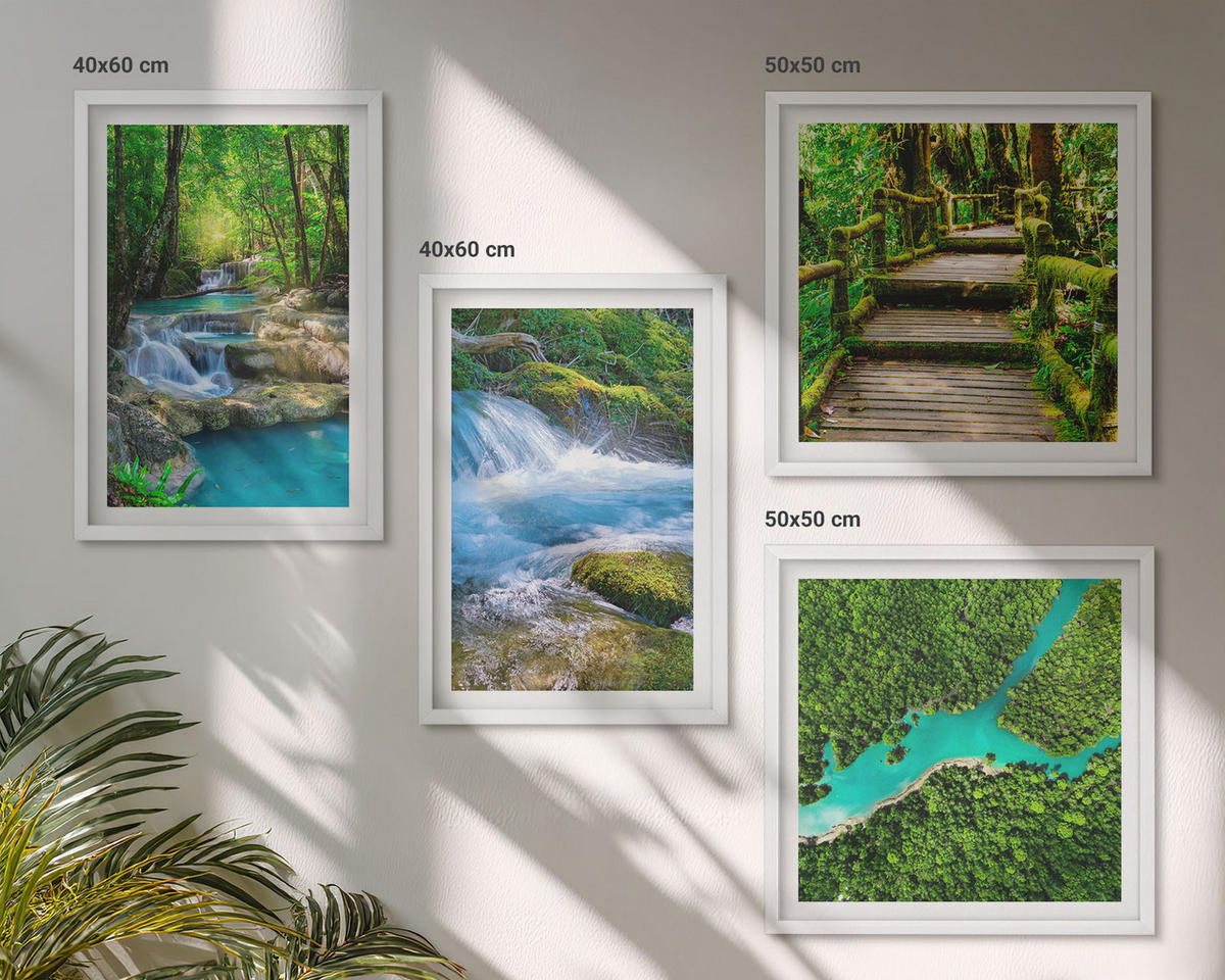 WANDBILDER 4er-Set - 50x50 cm & 40x60 cm Weißer Rahmen - Grüne Wälder, kristallklares Wasser - Weiß, Kunststoff (50/50cm) - ArtPrintCave