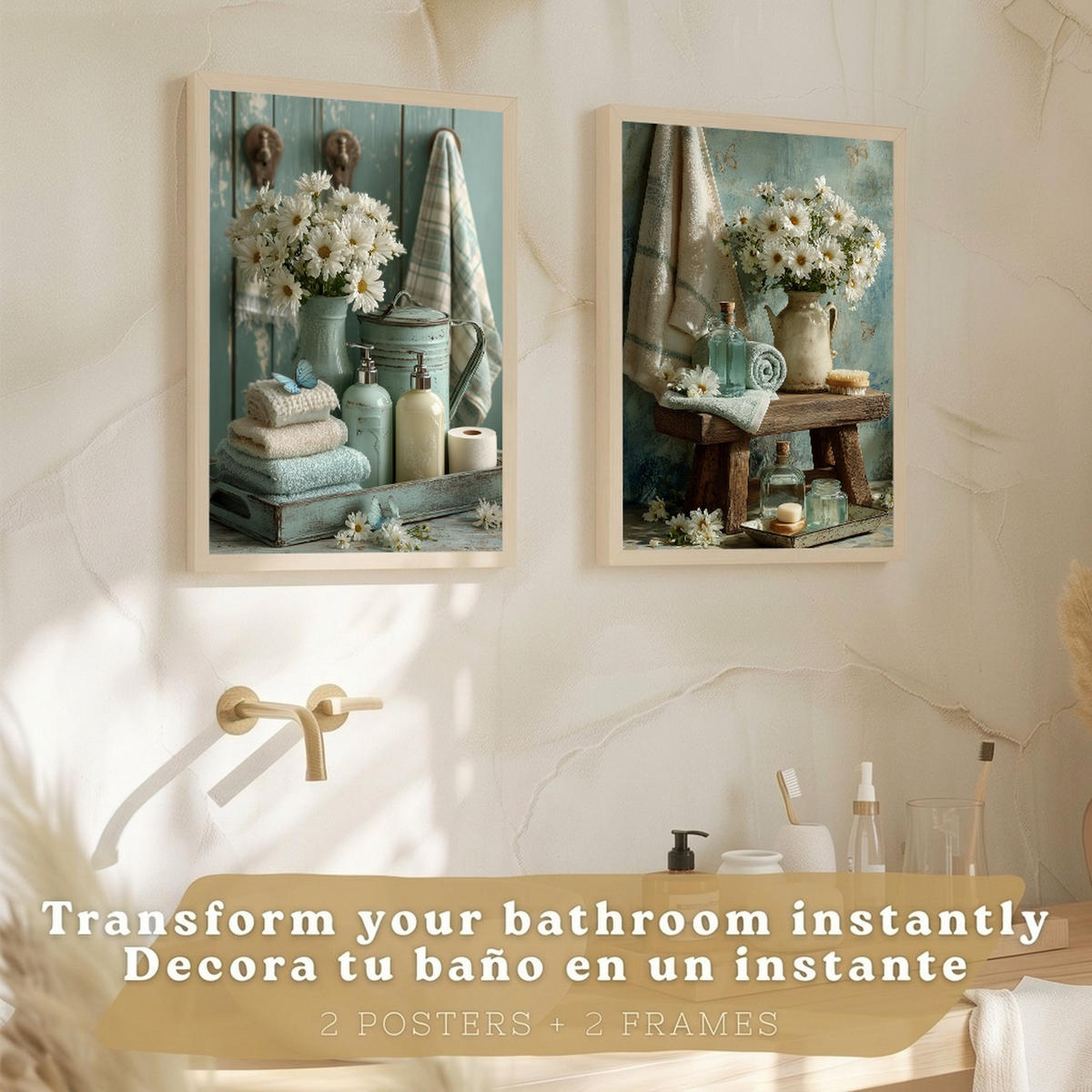 PLAKÁT Sada 2 dekorativních koupelnových tisků, květinové v shabby chic Světlý dřevěný rám A3 - béžová, papír (42/29.7/3cm) - Nacnic