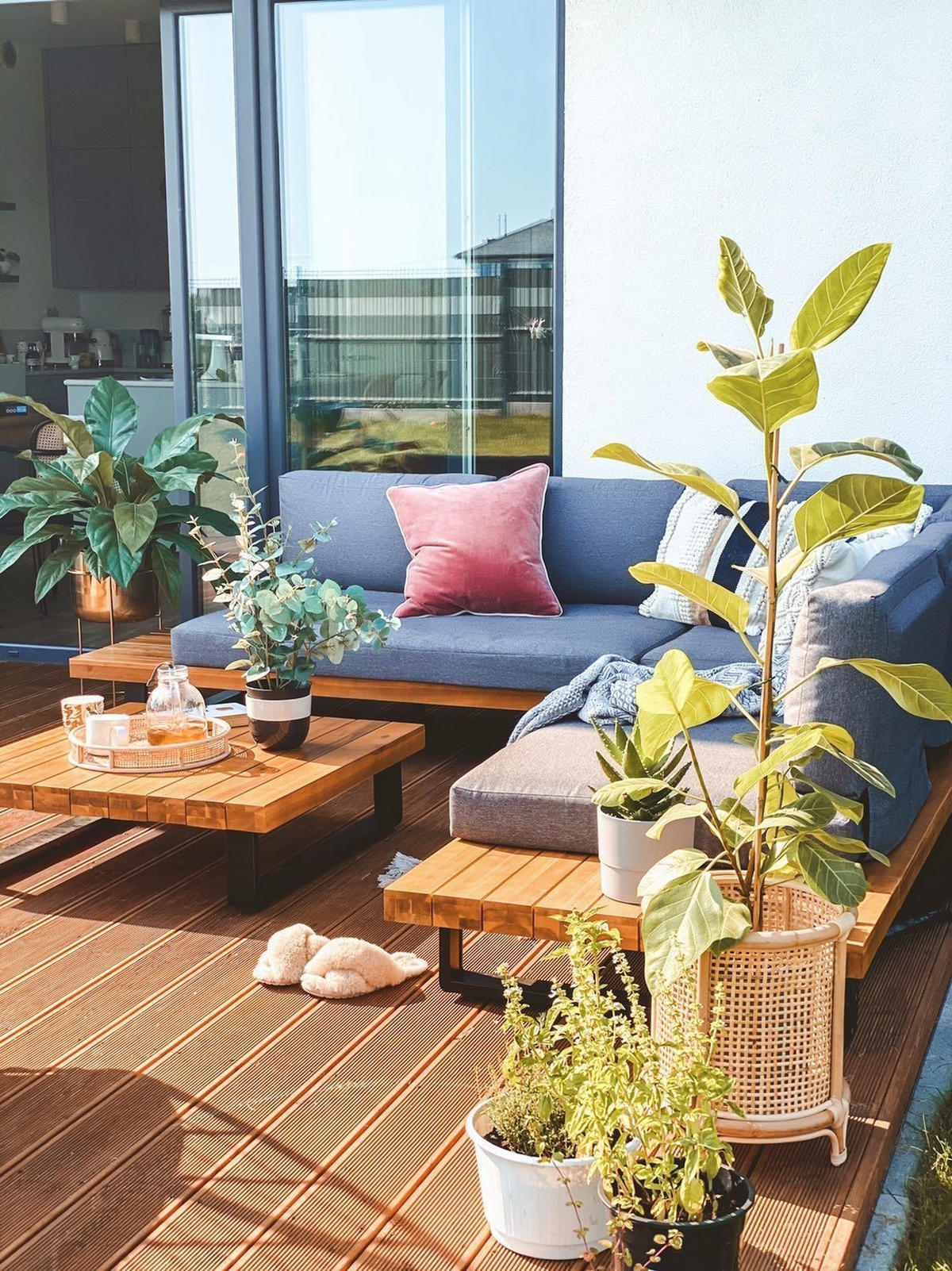 LOUNGE SEDACÍ SOUPRAVA SADA 5-místná světle hnědá polstrování šedá Mykonos - šedá/světle hnědá, dřevo - Beliani