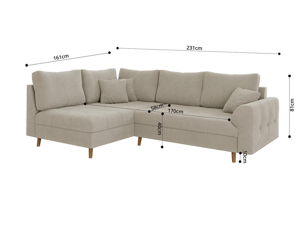 ECKSOFA Henrik Beige Boucle - Ottomane links - Beige/Braun, Holz/Textil (231/161cm) - S-Style Möbel