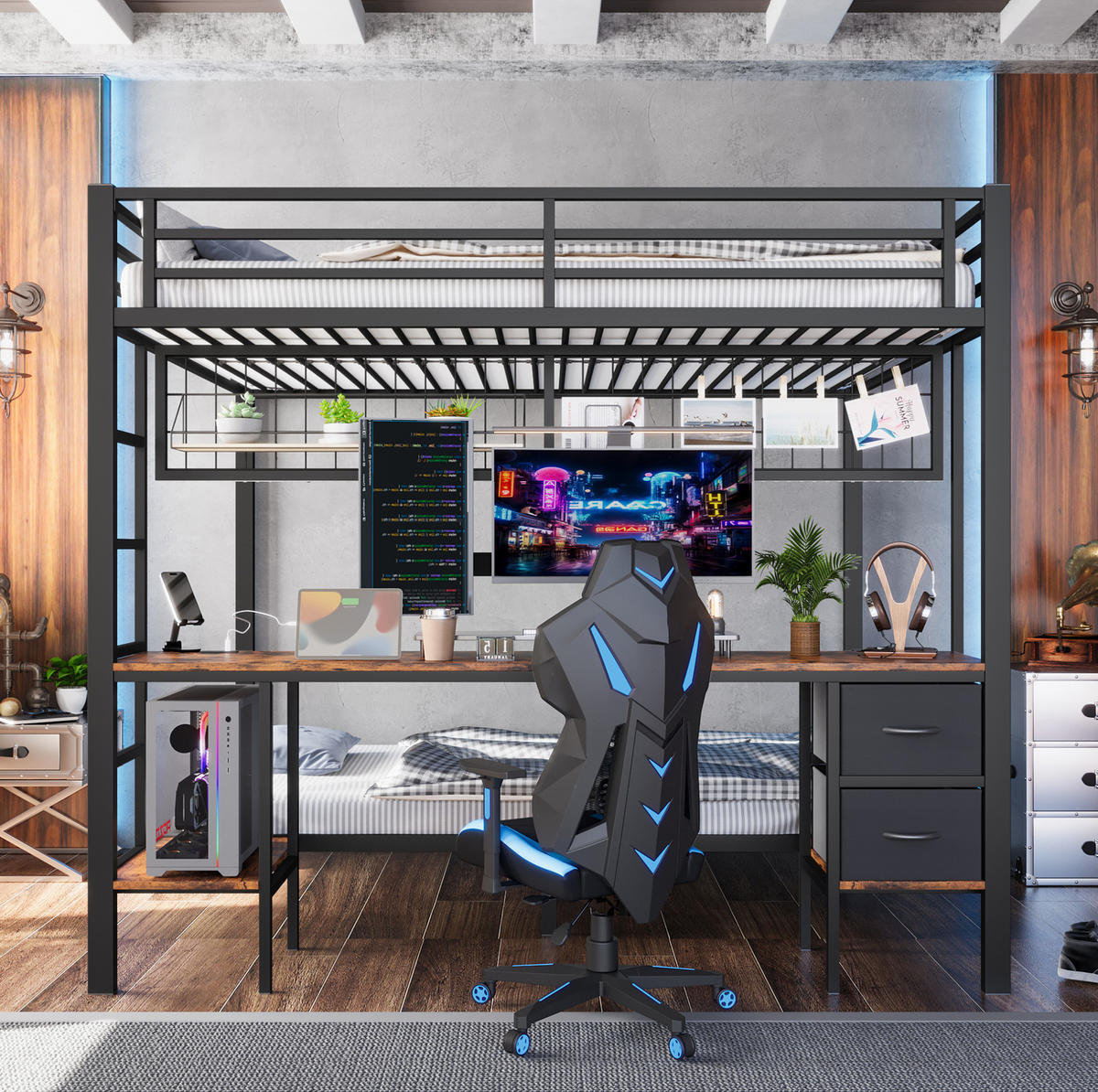 HOCHBETT 140/200 cm aus Metall/MDF mit Schreibtisch und LED-Leiste Schwarz - Schwarz, Metall (140/200cm) - Modenvie