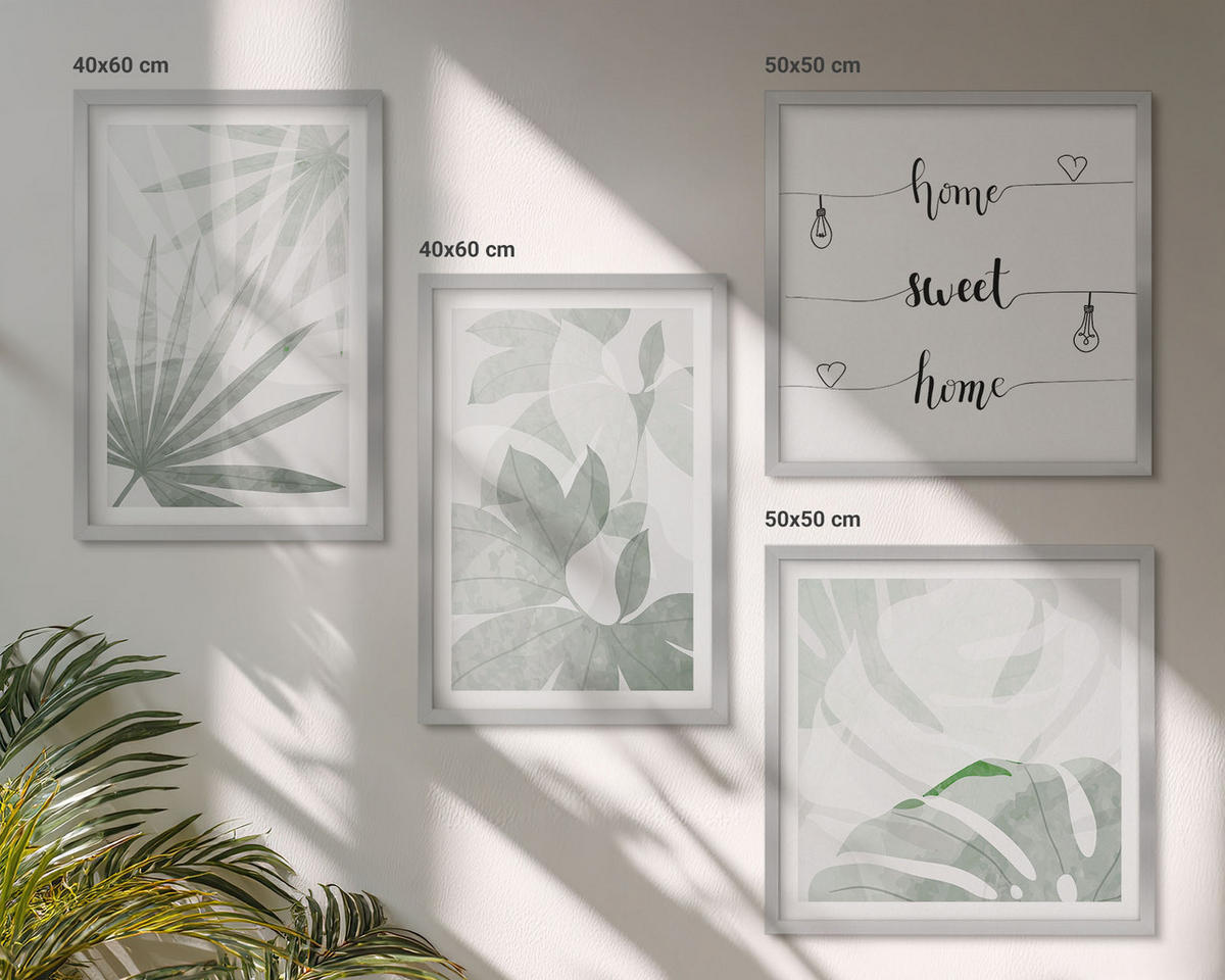 WANDBILDER 4er Set - 50x50 cm & 40x60 cm Silberner Rahmen - Die Blätter der Pflanzen sind grünlich-grau. - Silberfarben, Kunststoff (50/50cm) - ArtPrintCave