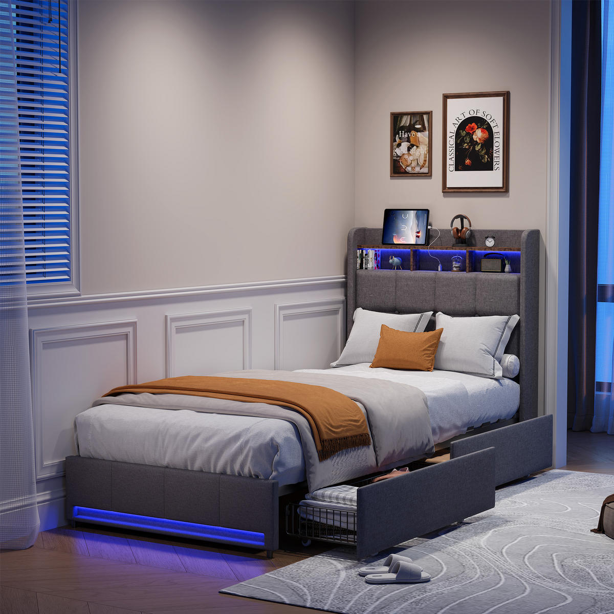 POLSTERBETT 90x200 cm Grau mit LED, 2 Schubladen, Kopfteil mit Ablage und Stauraum - Grau, Metall (90/200cm) - EuroLiving