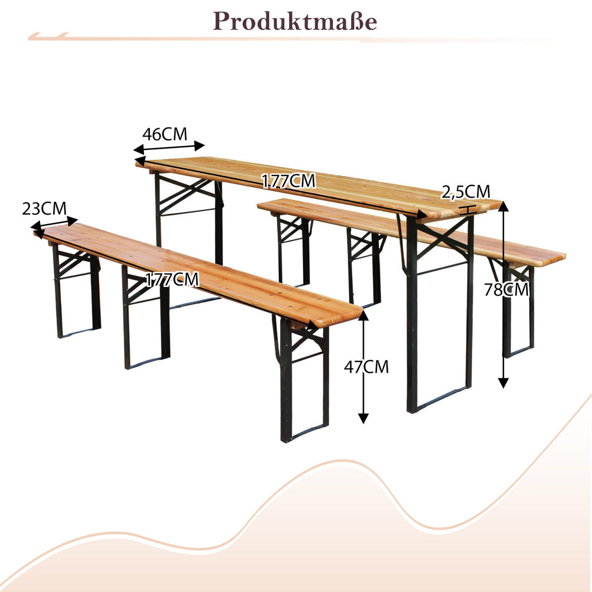 BIERZELTGARNITUR 177/46/78 cm, klappbar, 3-teilig, aus Holz und Metall, Natur - Braun, Metall - Redom