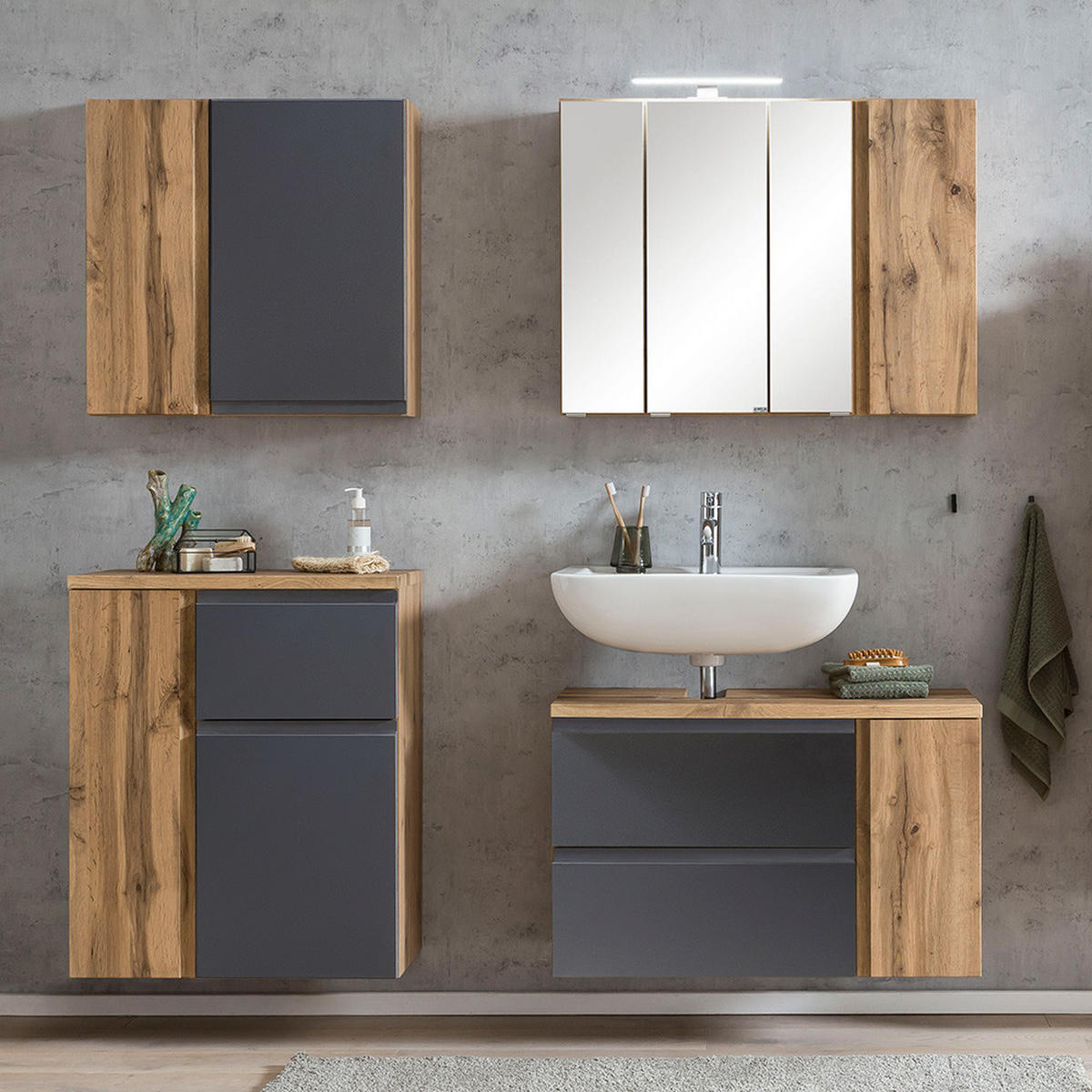 BADMÖBEL-SET 4-TLG. Vasto-03 - Grau, Holzwerkstoff (165/200/35cm) - Lomado