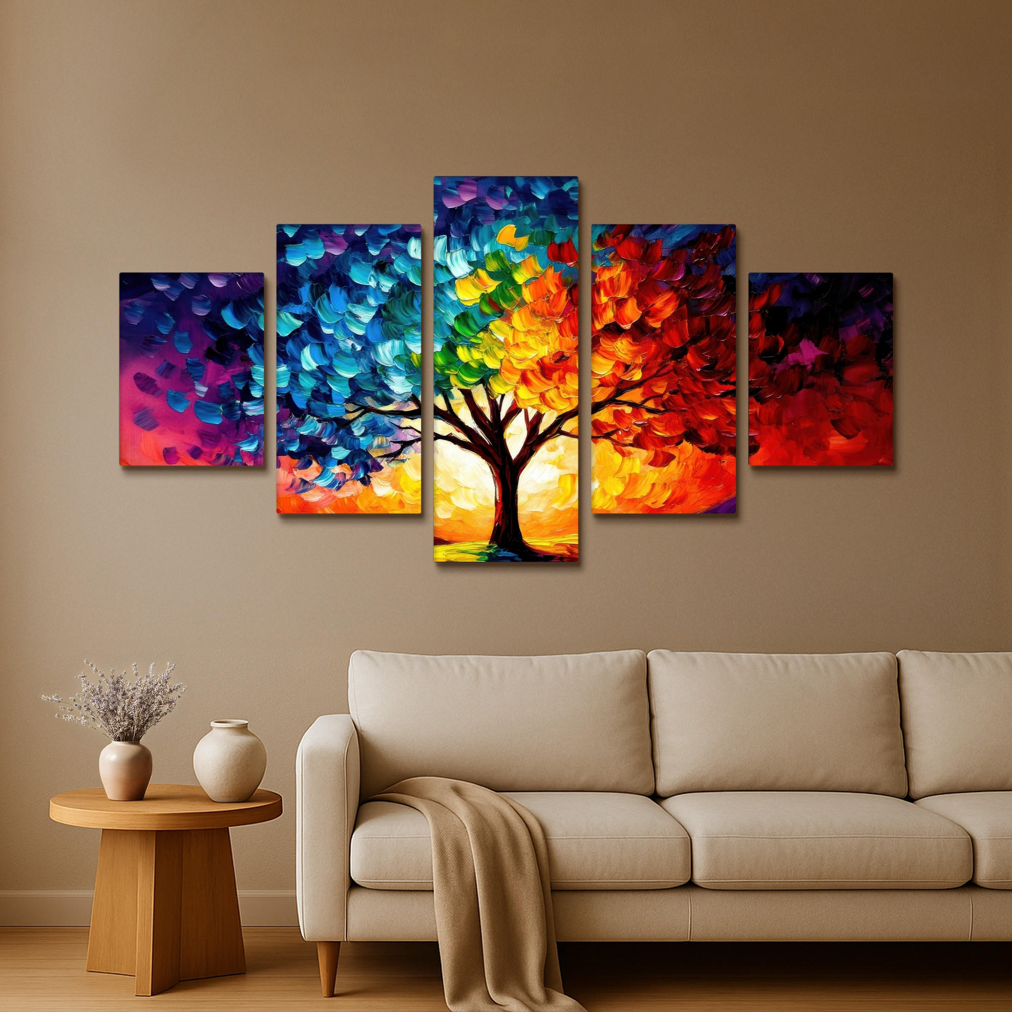 LEINWANDBILD 5er Set Baum - Farbenfroh - Malerei-Look - Abstrakt 150x80 cm - Multicolor, Textil (150/80cm) - MuchoWow