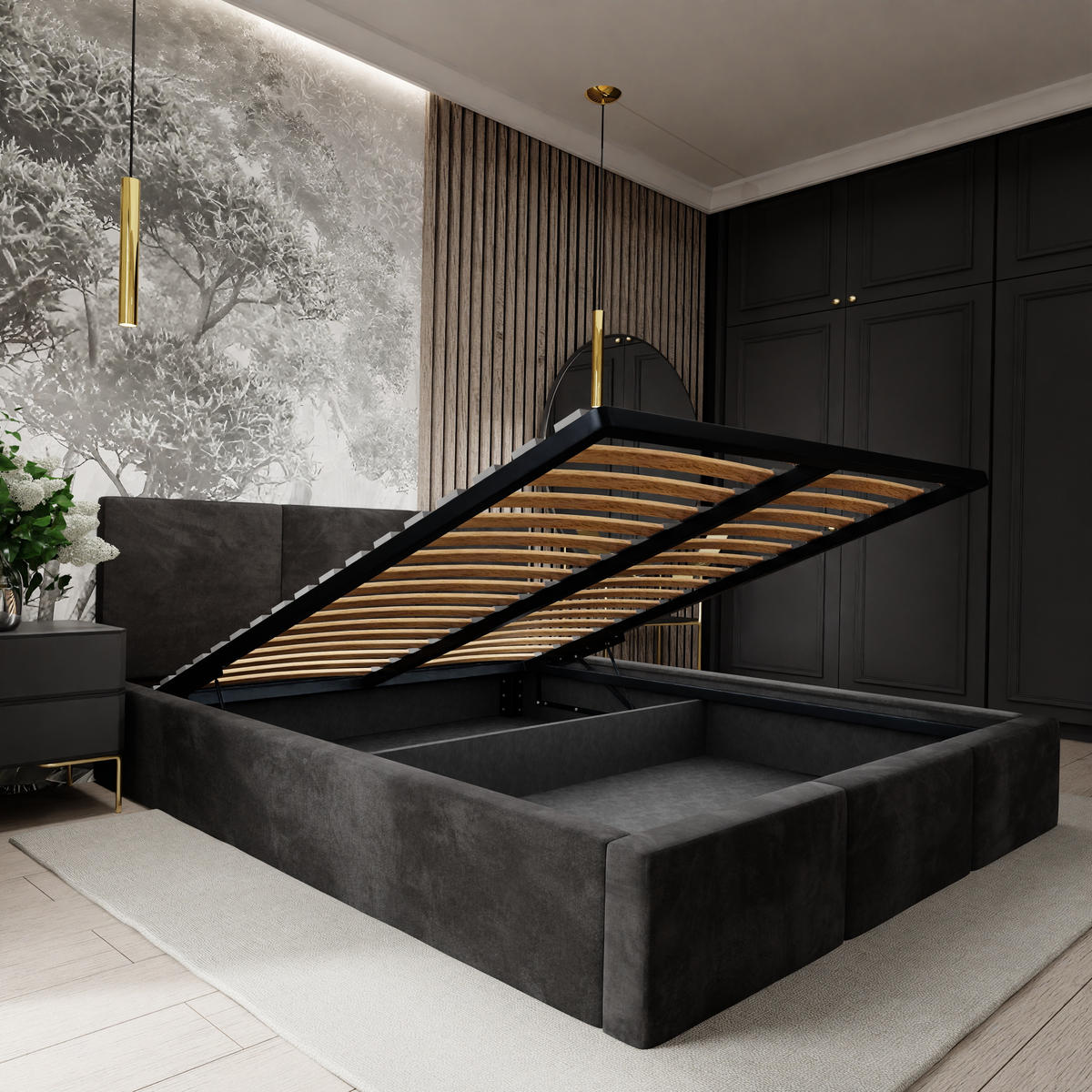 POLSTERBETT für Schlafzimmer Bett mit Stauraum Schwarz 180x200cm Kopfteil 100cm - Schwarz, Holzwerkstoff/Metall (180/200cm) - Muralo