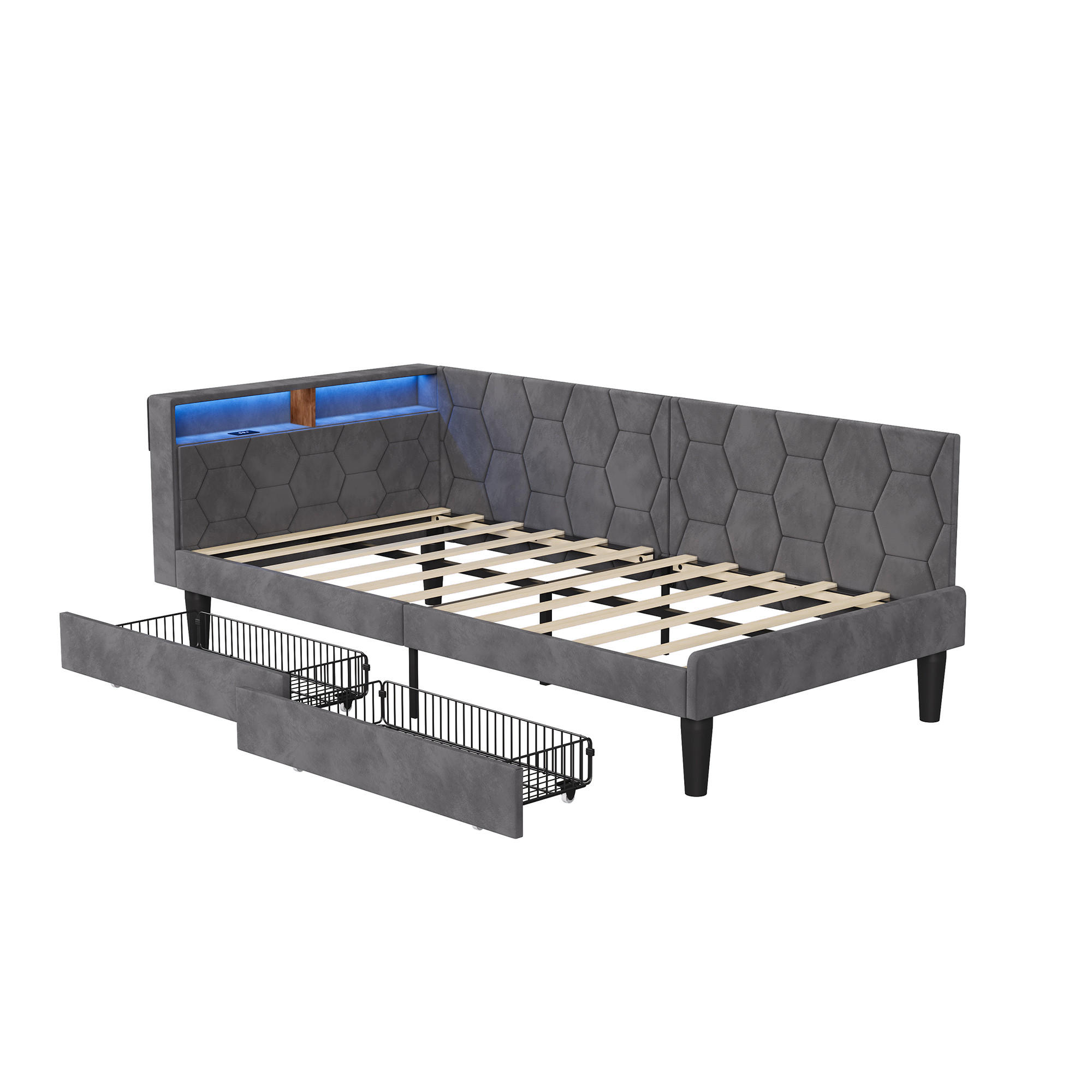 POLSTERBETT 90x200 cm, Stauraumkopf mit Ablagen, 2 Schubladen, LED und USB, Samt in Grau - Grau, Holz (90/200cm) - BRILVERDE