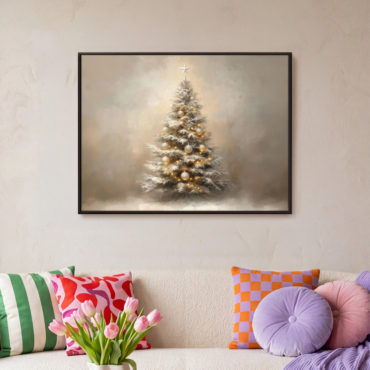 LEINWAND Bilder mit Rahmen - Weihnachten - Weihnachtsbaum - Schnee - Kunst - 70x50 - Champagner, Textil (70/50cm) - MuchoWow
