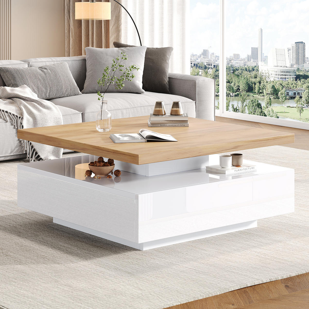 COUCHTISCH Weiß/Walnussfarben, 70/70/36 cm mit Drehfunktion - Walnussfarben, Holzwerkstoff (70/70/36cm) - PANGIVO