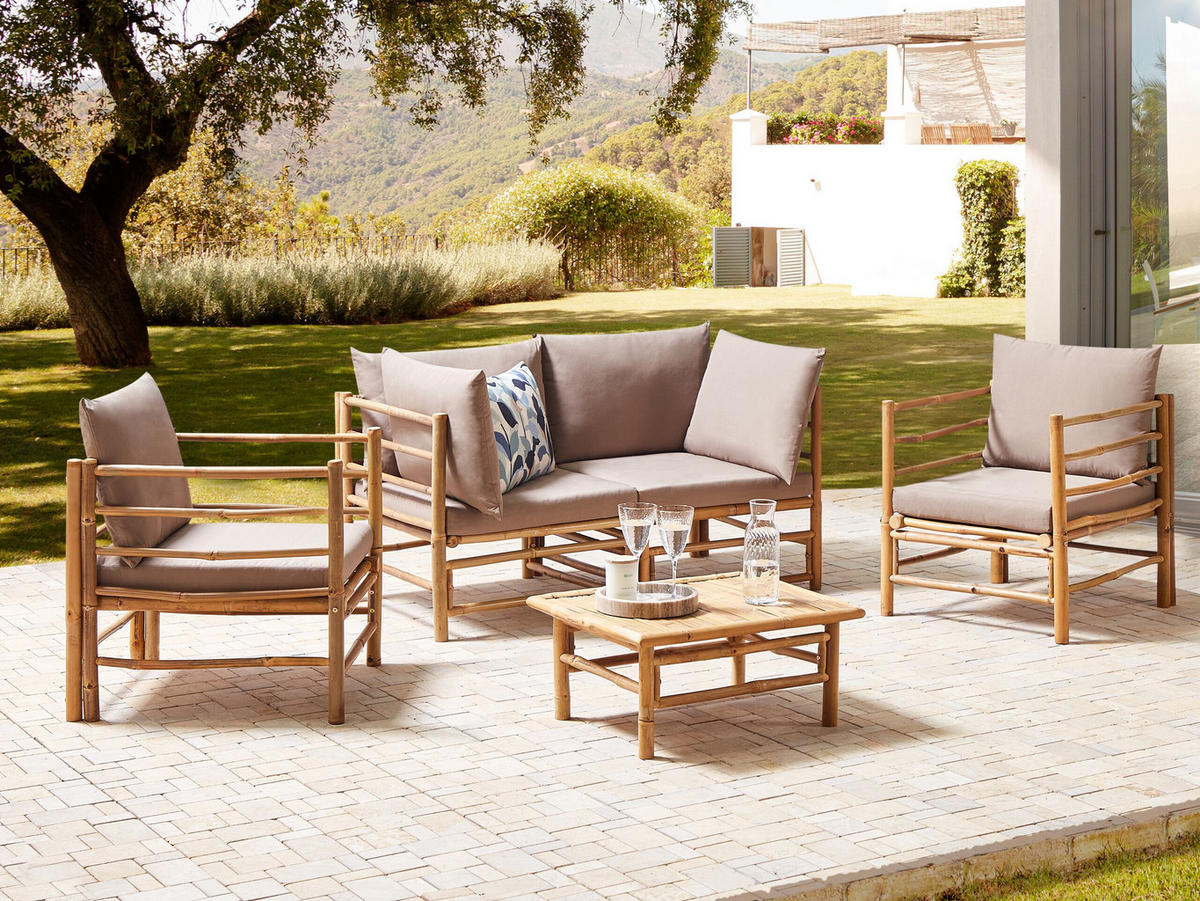 LOUNGE SET 4-Sitzer Bambusholz hellbraun 3-teilig Auflagen taupe Cerreto - Taupe, Holz - Beliani