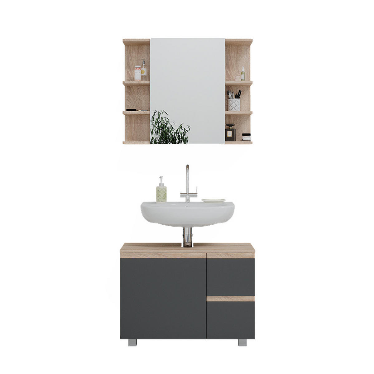 BADMÖBEL-SET J-Shape Sonoma 2 Teile - Anthrazit/Sonoma Eiche, Holzwerkstoff (80/60/33cm) - Vicco
