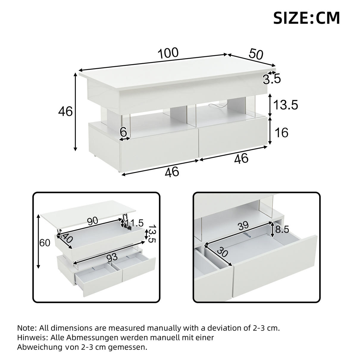 COUCHTISCH aus MDF und Acryl 120x50x46 cm Weiß mit Hubfunktion, LED-Beleuchtung und 2 Schubladen - Weiß, Holzwerkstoff (120/50/46cm) - IVMEU