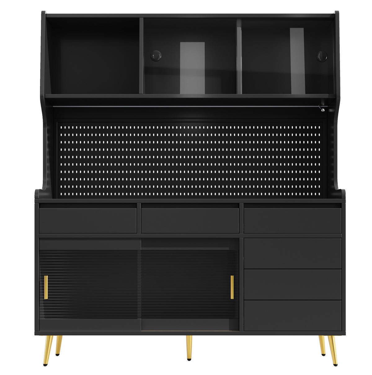 BUFFET 145/39/171 cm aus MDF und Glas mit LED-Beleuchtung und Schiebetüren Schwarz - Schwarz, Holzwerkstoff (145/171/39cm) - Modenvie