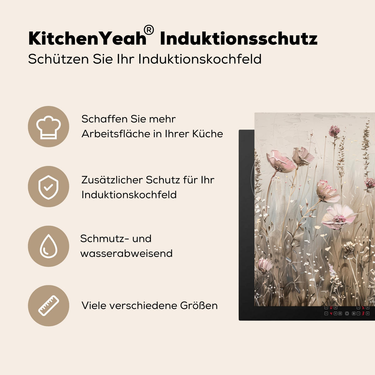 HERDABDECKPLATTE Blumen - Beige - Trockenblumen 77x59 cm - Beige, Kunststoff (77/59/0.2cm) - MuchoWow