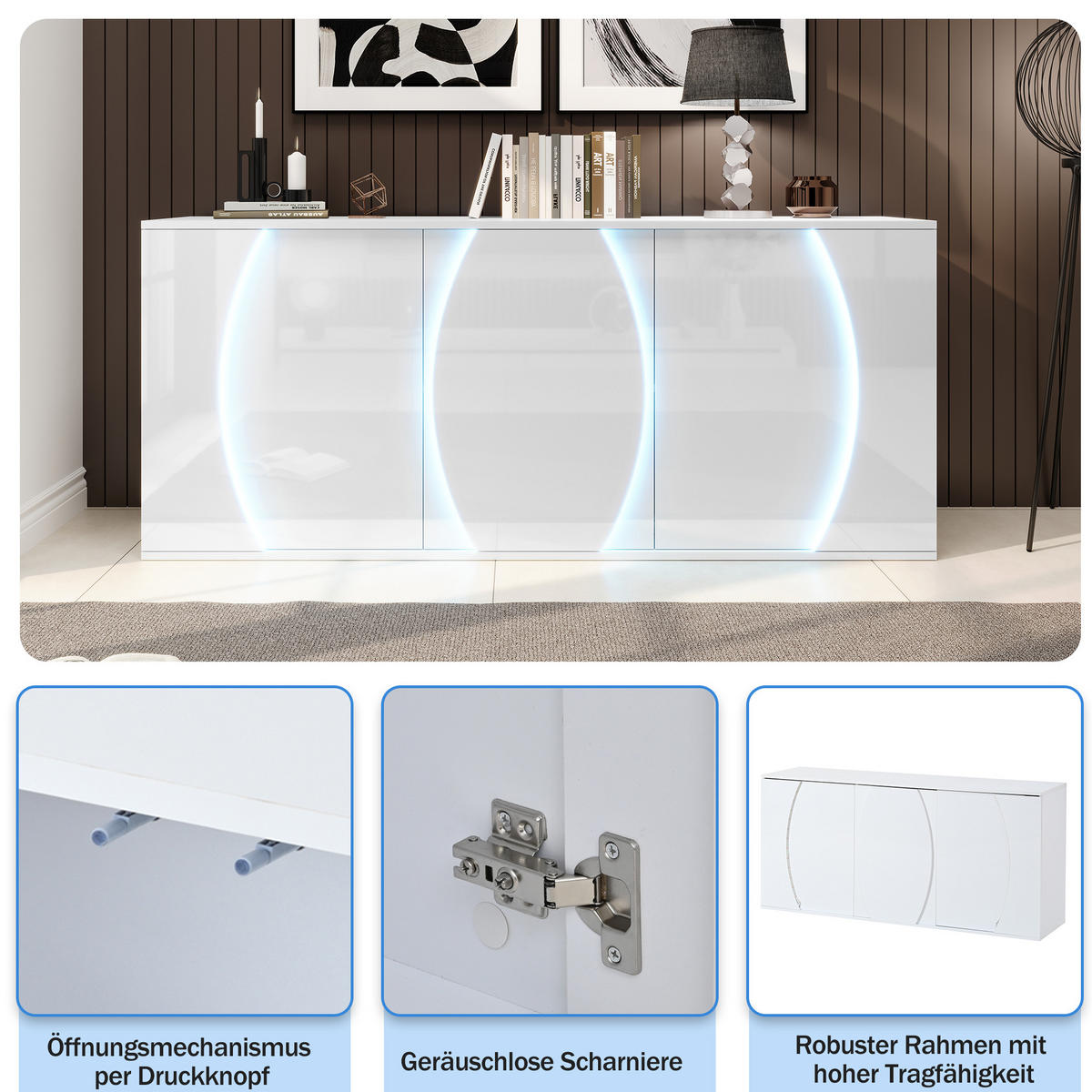 KOMODA z dřevotřísky 150x40x70 cm bílá se 3 dvířky, LED osvětlením, USB napájením a nastavitelnými policemi - bílá, kompozitní dřevo (150/70/40cm) - Modfu