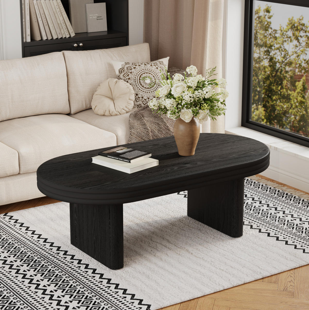 COUCHTISCH 120/60/41,5 cm mit ovaler Tischplatte und Holzfurnier, Schwarz - Schwarz, Holzwerkstoff (120/60/41.5cm) - Redom