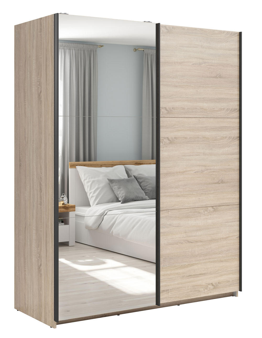 SCHWEBETÜRENSCHRANK Tetrix Eiche Sonoma 153,5 / 60 / 195,5cm - Grau/Sonoma Eiche, Holz/Holzwerkstoff (153.5/195.5/60cm) - Feldmann-Wohnen