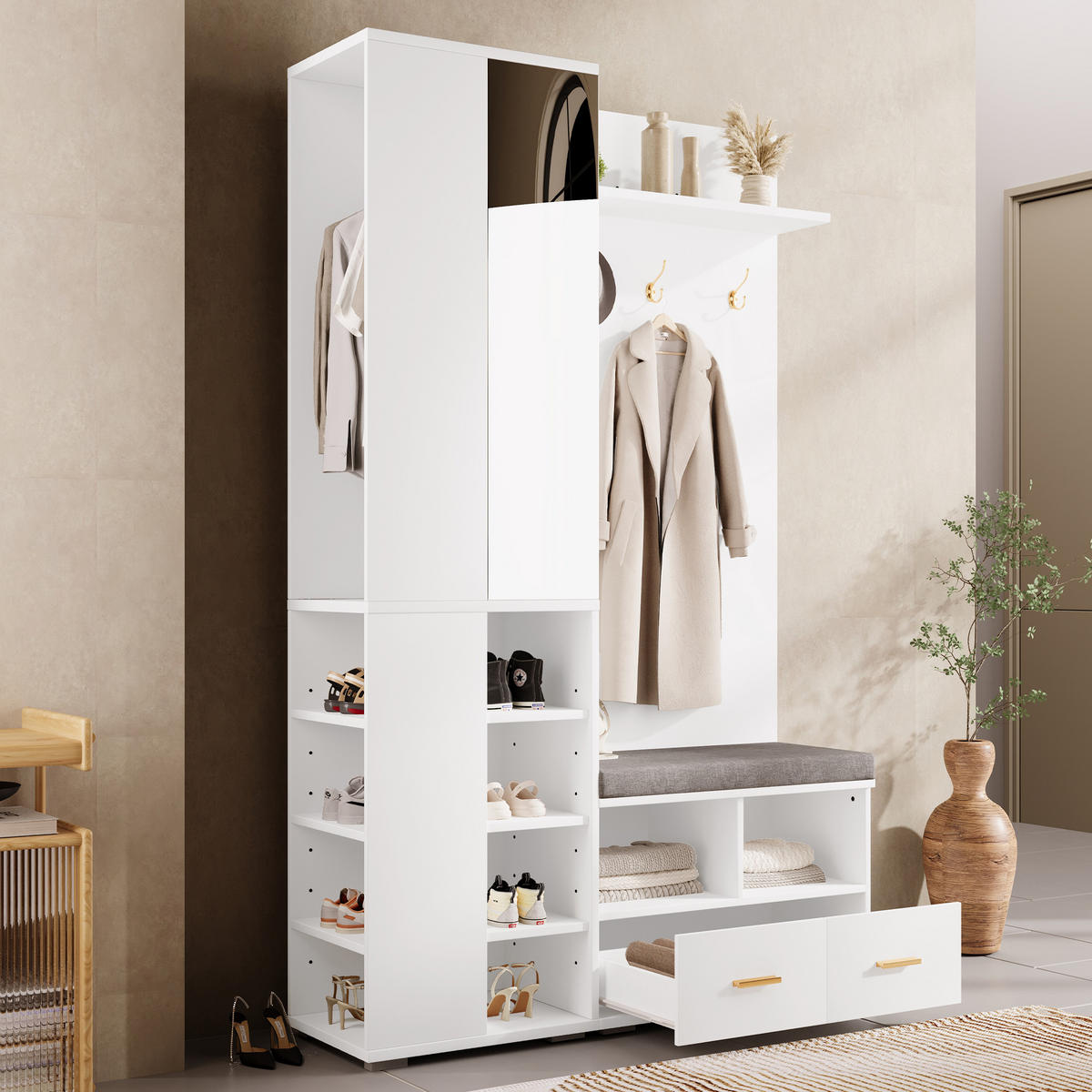 GARDEROBE-SET in Weiß Aufbewahrungsschrank mit Spiegel , Kleiderstange, Schuhbank 3 Haken und 2 Schubladen , B120/T35/H190cm - Weiß, Holzwerkstoff (120/190/35cm) - STILVORA