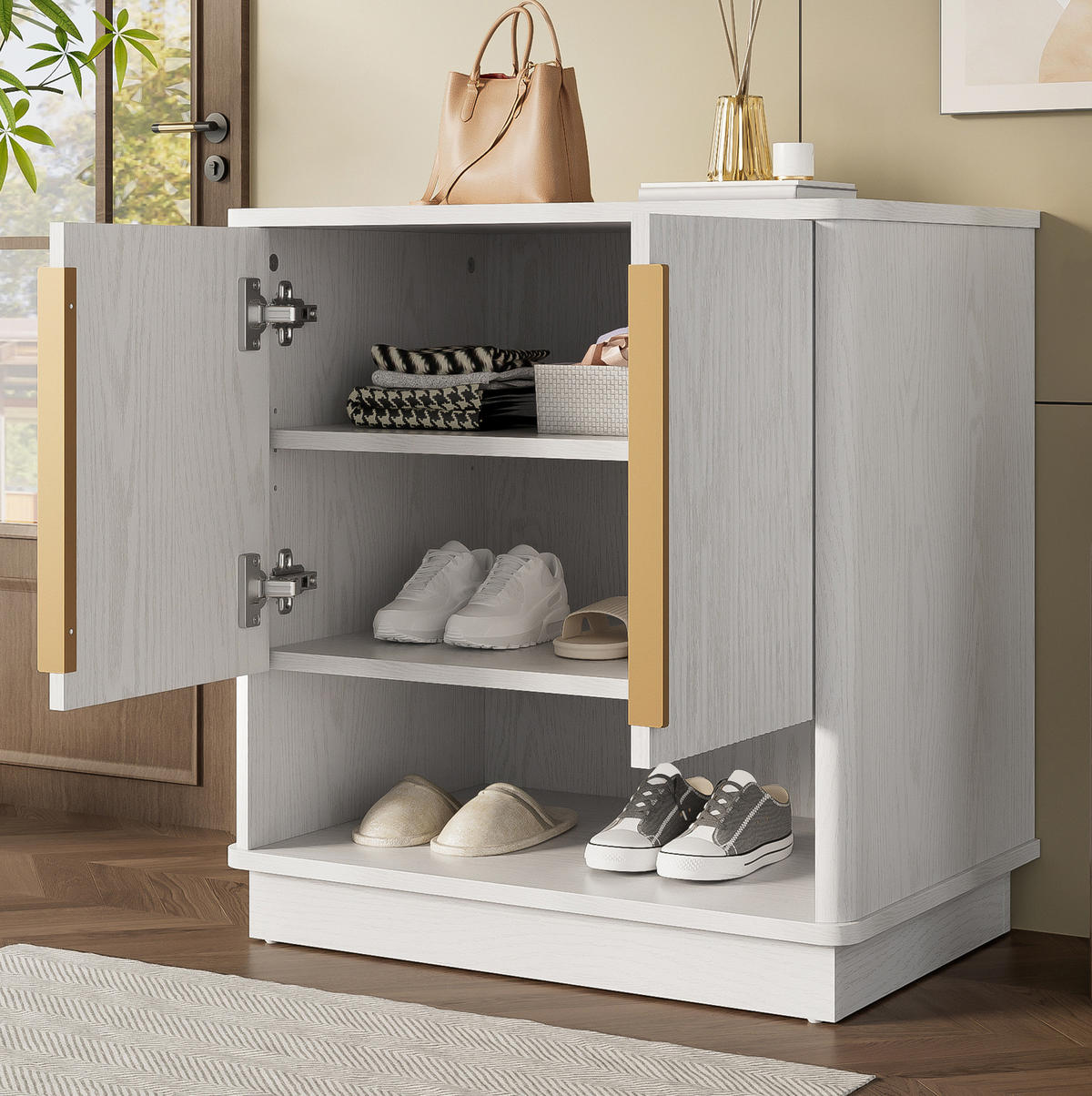 SCHUHSCHRANK 60 x 40 x 61 cm MDF Weiß mit 2 Türen und offenem Fach - Weiß, Holz (40/61/60cm) - Beauniv