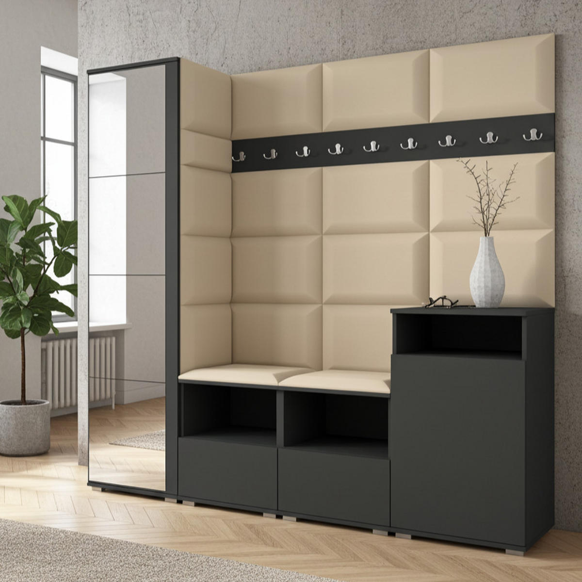 GARDEROBE NELA X 200 cm (Modulare Flurmöbel Graphit mit Spiegel & Sitzpolster Beige 04 Schrank + Sideboard) - Beige/Silberfarben, Holz/Holzwerkstoff (200/187/40cm) - Ravio