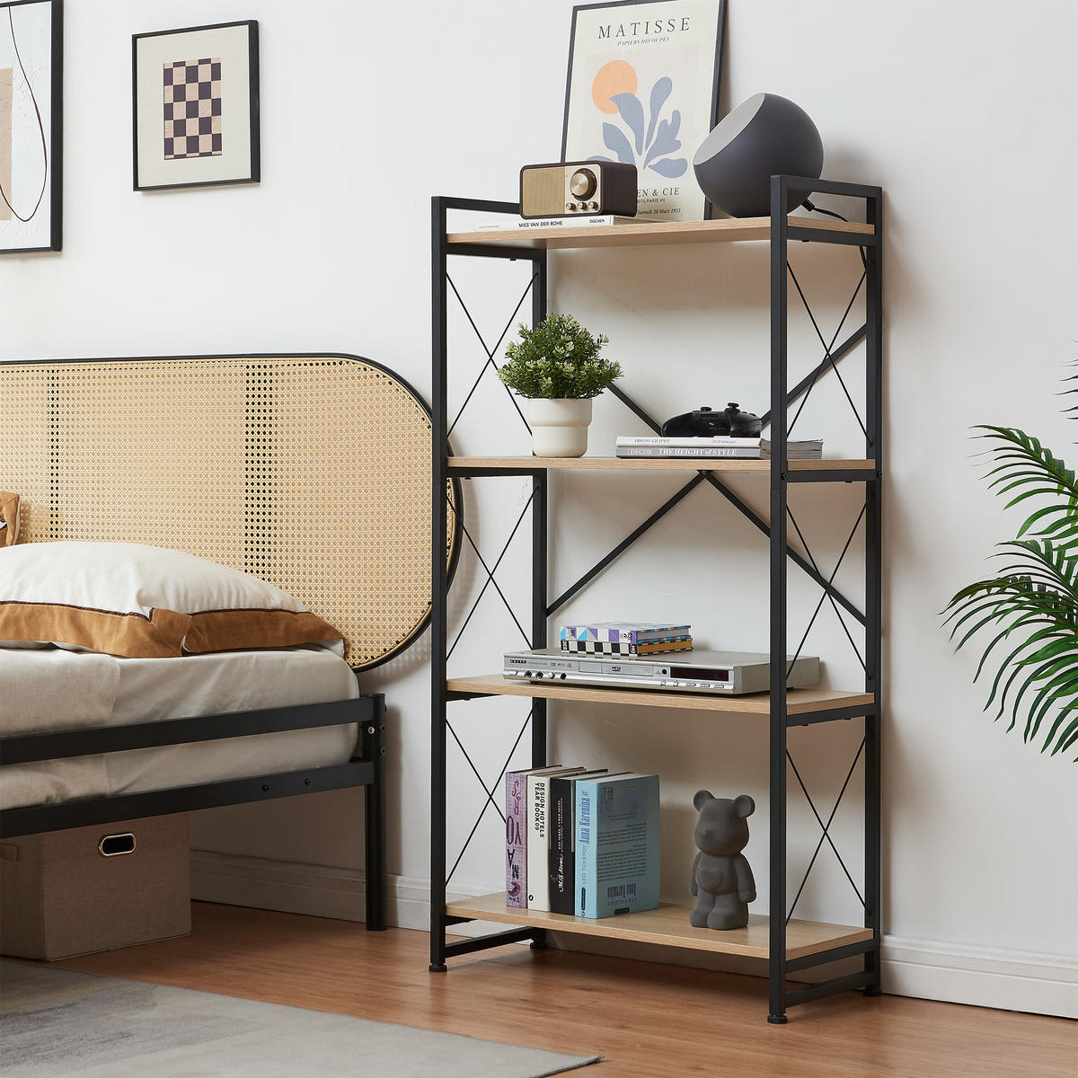 STOJANOVÁ POLICE Skørping - černá/barva dubu, kov/kompozitní dřevo (65/125/30cm) - [en.casa]