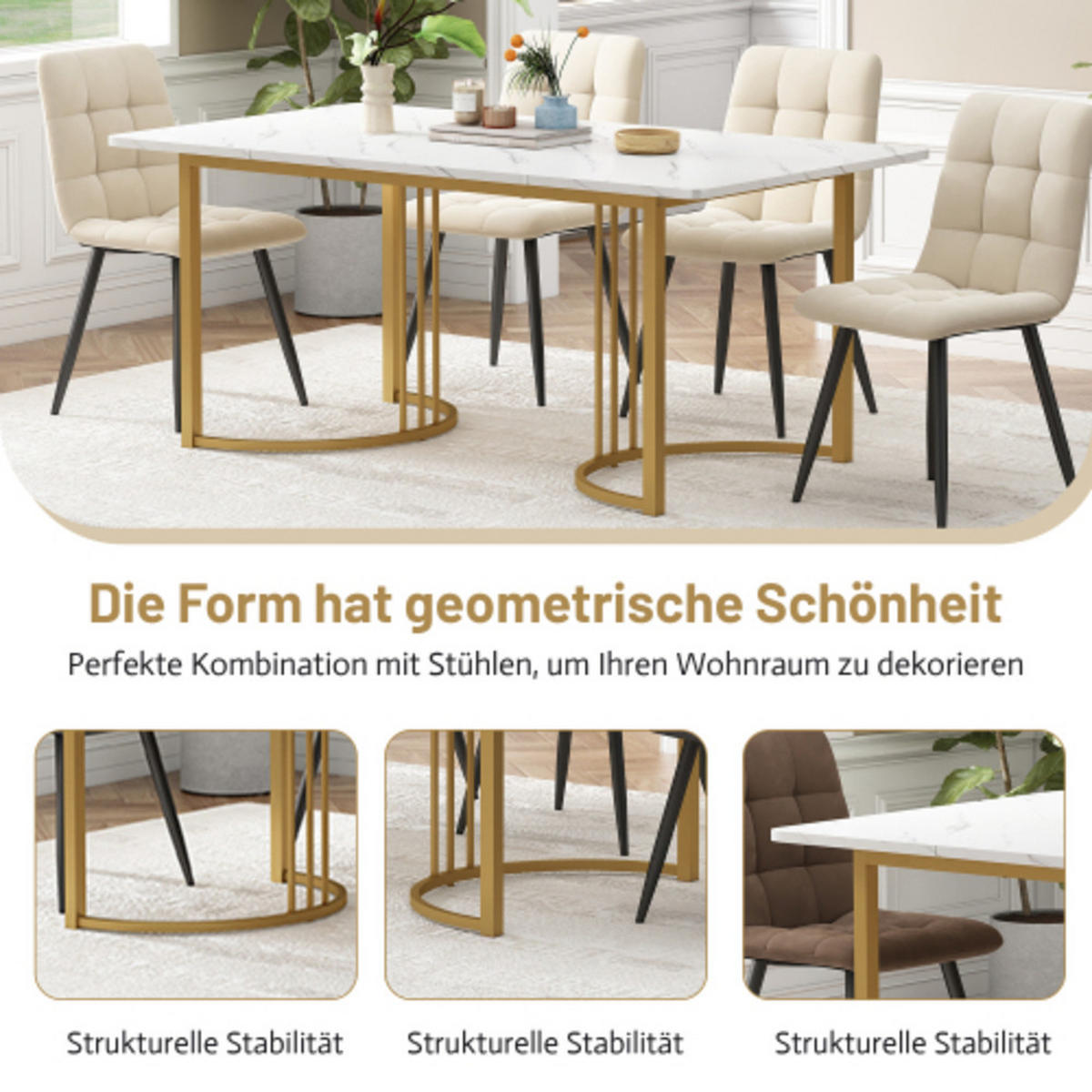 ESSTISCH mit Marmor-Muster, stabilem Metallgestell und verstellbaren Füßen als moderner Küchentisch, weiß-gold - Weiß, Holzwerkstoff (140/80/75cm) - Luhomfu