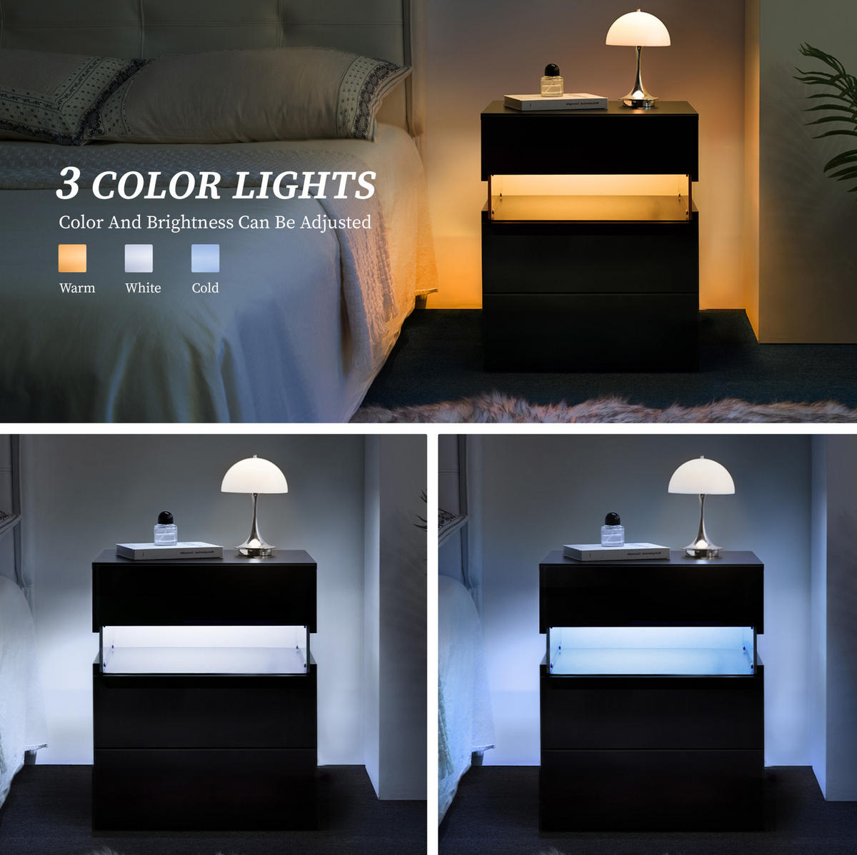 NACHTTISCH 48/38/61 cm schwarz aus Holzwerkstoff mit 3 Schubladen und LED-Beleuchtung - Schwarz, Holzwerkstoff (38/61/48cm) - OKWISH