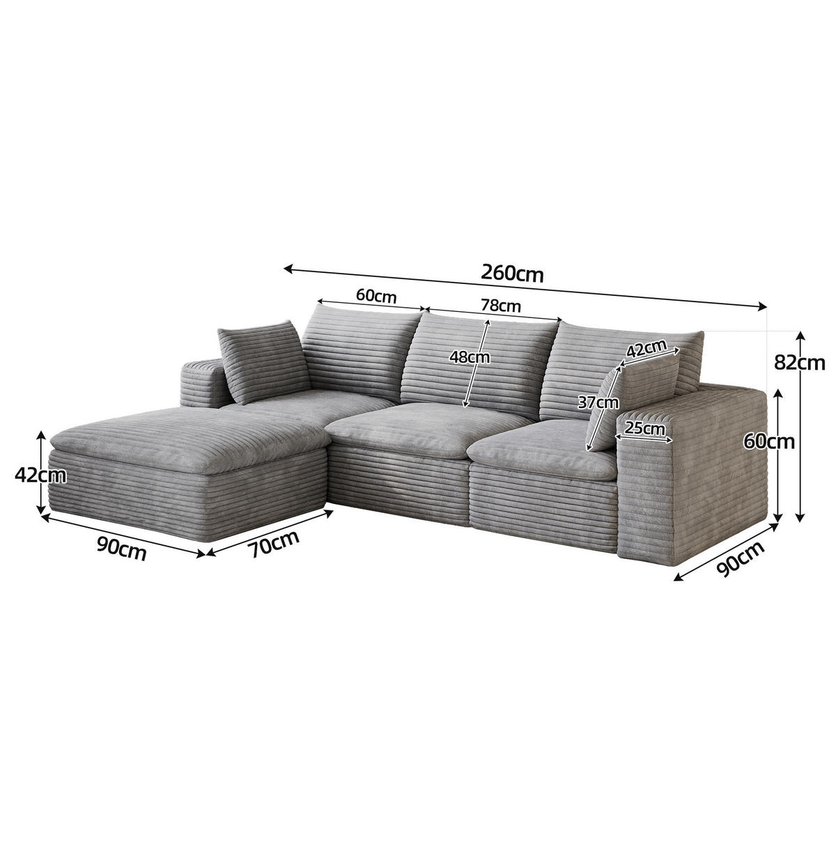 SOFA modular 260 cm Stoff Grau - Grau, Kunststoff (160/260cm) - Meubliv