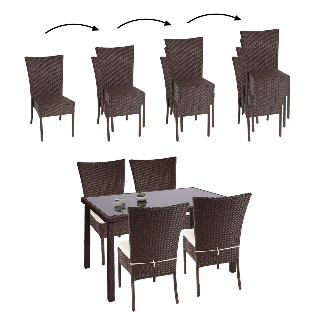 POLY-RATTAN GARNITUR Braun, Cremeweiß 5-teilig-Set - Braun/Weiß, Kunststoff - MCW