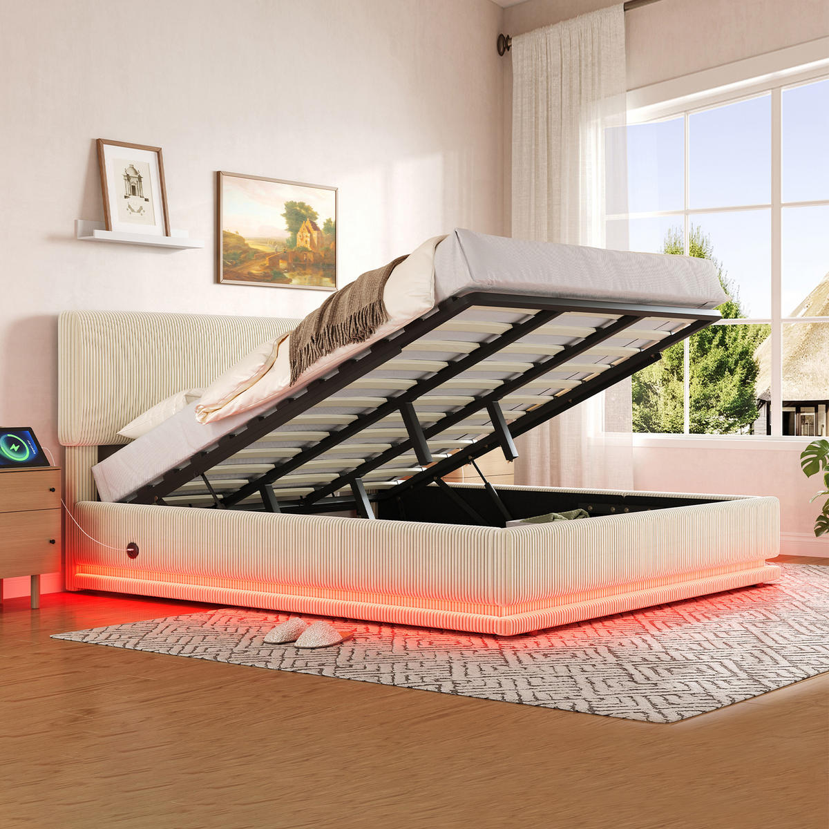POLSTERBETT 180/200 cm in Beige Cord mit Stauraum, LED und USB-C - Beige, Holzwerkstoff/Textil (180/200cm) - WISHDOR