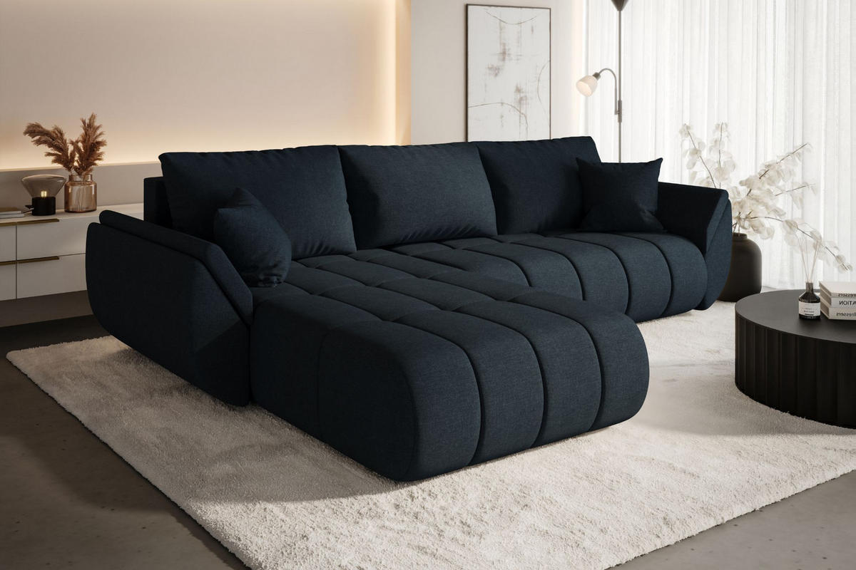 ECKSOFA TOKYO PREMIUM mit Schlaffunktion, Stoff WIND, Dunkelblau, Links - Dunkelblau, Holz (280/190cm) - Kaiser Möbel