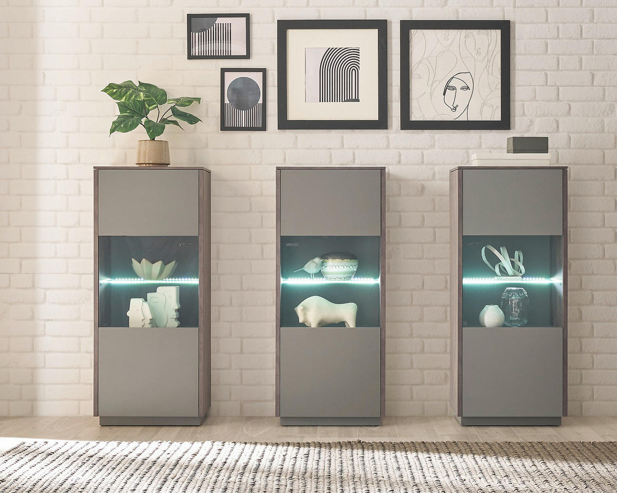 VITRINE in Eiche und grau Midischrank 55 x 130 cm - Schwarz/Grau, Glas/Holzwerkstoff (55/130/40cm) - Furn.Design