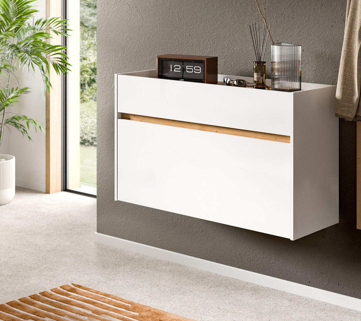 SCHUHKIPPER weiß und Artisan Eiche, Schuhschrank hängend 110 x 61 cm, Borga - Weiß/Eiche Artisan, Holzwerkstoff (110/61/32cm) - Inn.Furn