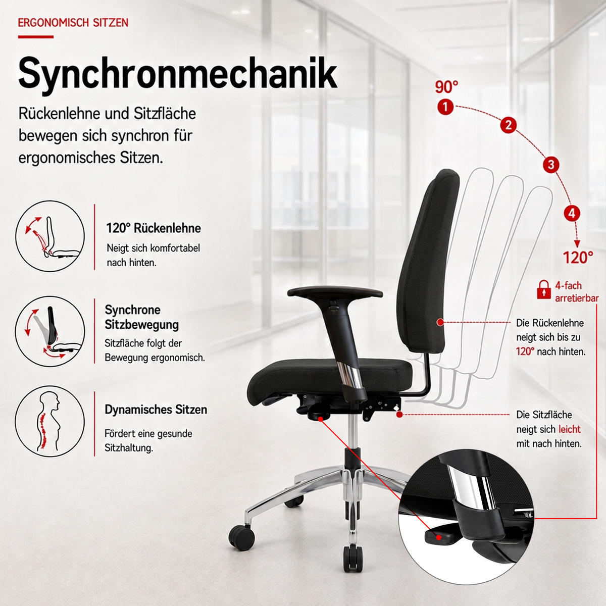 BÜROSTUHL Basic Stoff Schwarz - ergonomisch, 150 kg belastbar, Sitzhöhe 46-58 cm - Schwarz, Kunststoff/Textil (65/97/68cm) - Versee