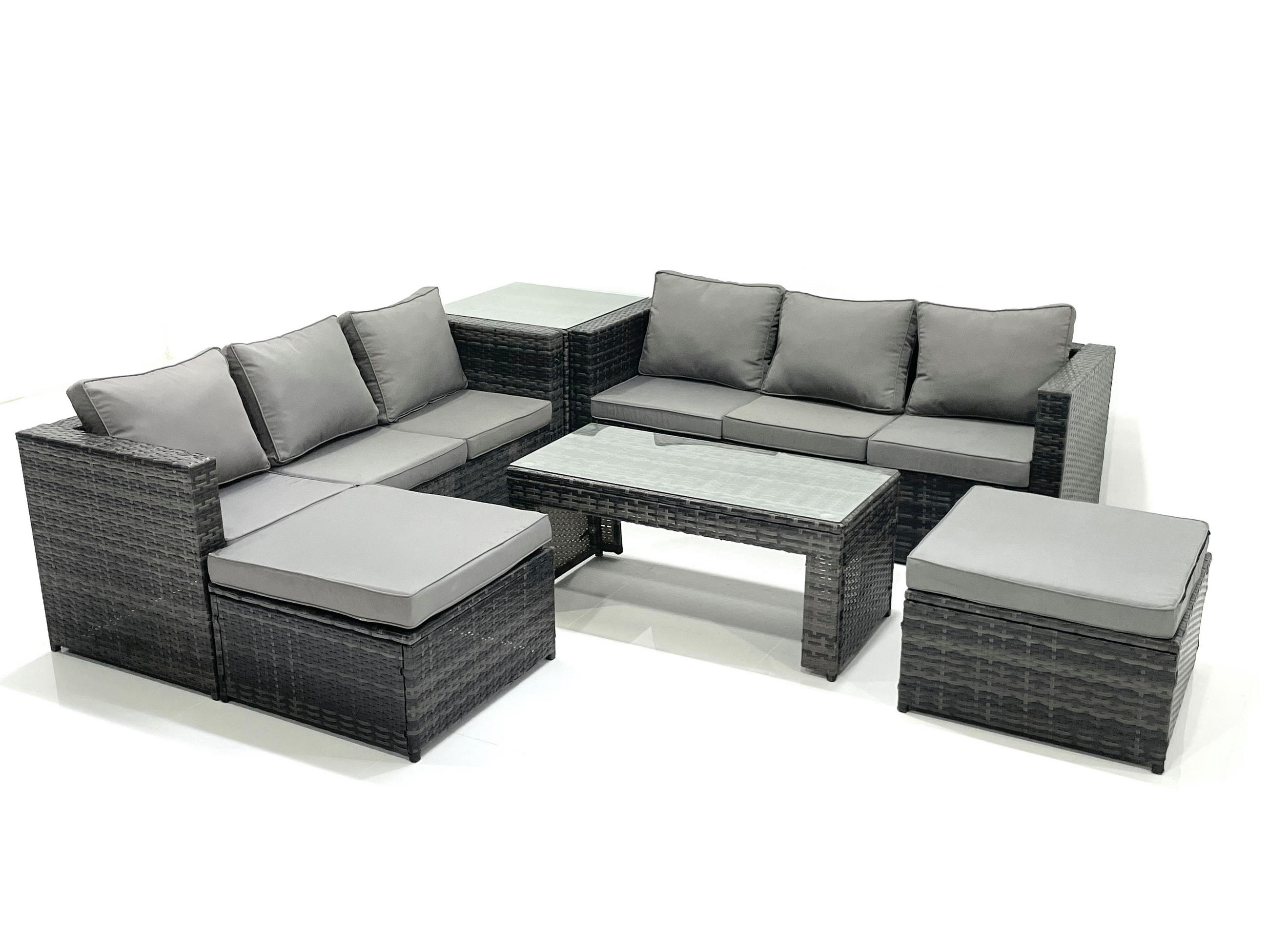 GARTENMÖBEL COUCHTISCH SET mit Sofa Polyrattan Outdoor 8-Sitzer - Dunkelgrau/Grau, Glas/Kunststoff - Fimous