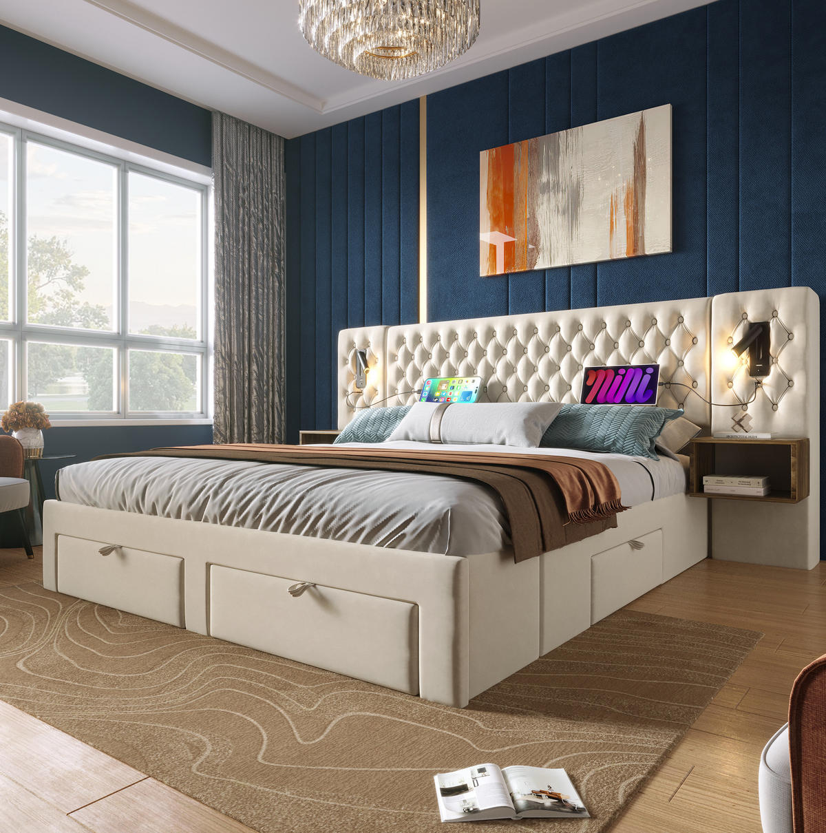 BETTANLAGE mit 2 Nachttischen 160x200 cm Samt Beige - Beige, Metall (160/200cm) - Meubliv