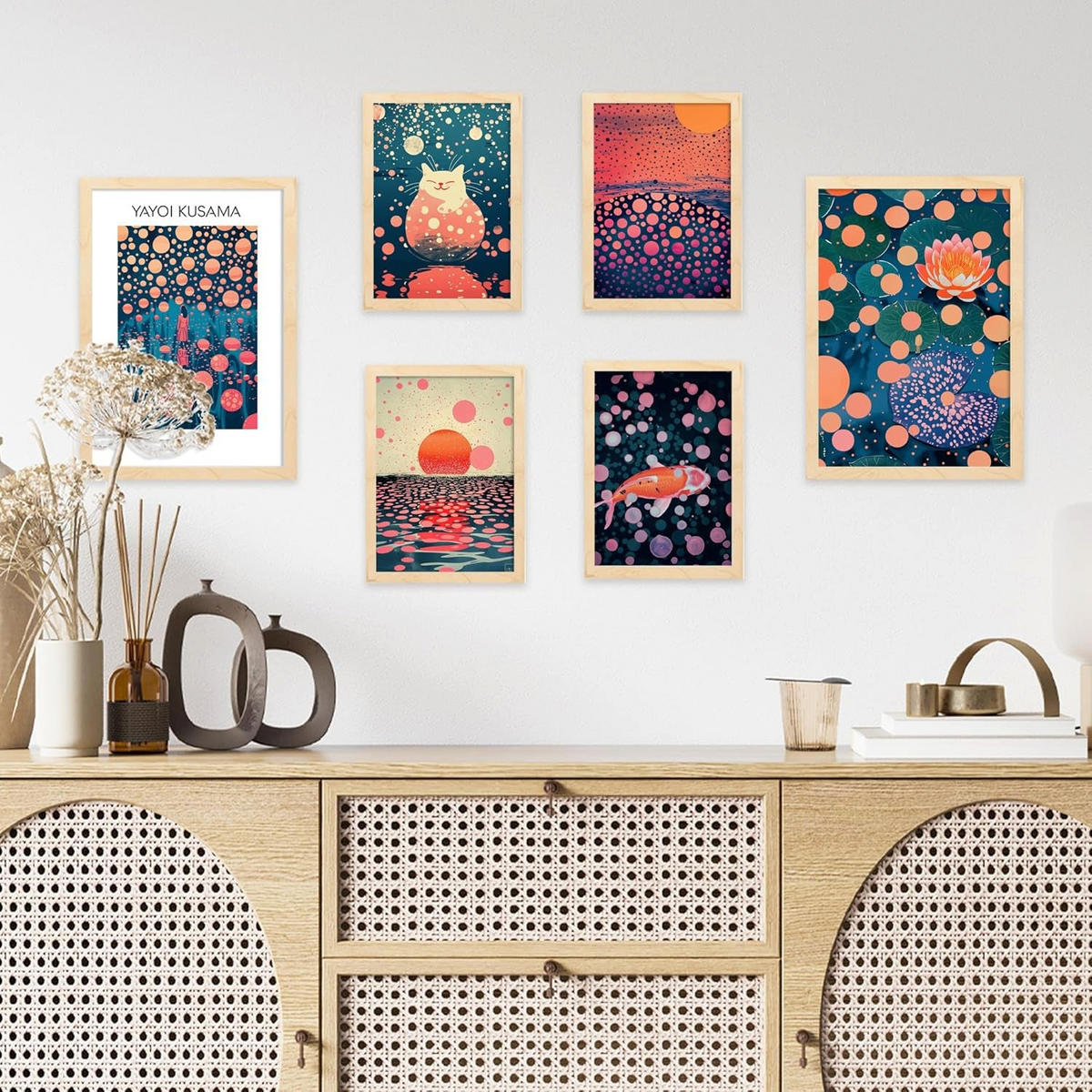 POSTER Set mit 6 Yayoi Kusama Sonnenuntergang Wasser Größe A3 und A4 Rahmenlos - Klar, Papier (29.7/1/42cm) - Nacnic