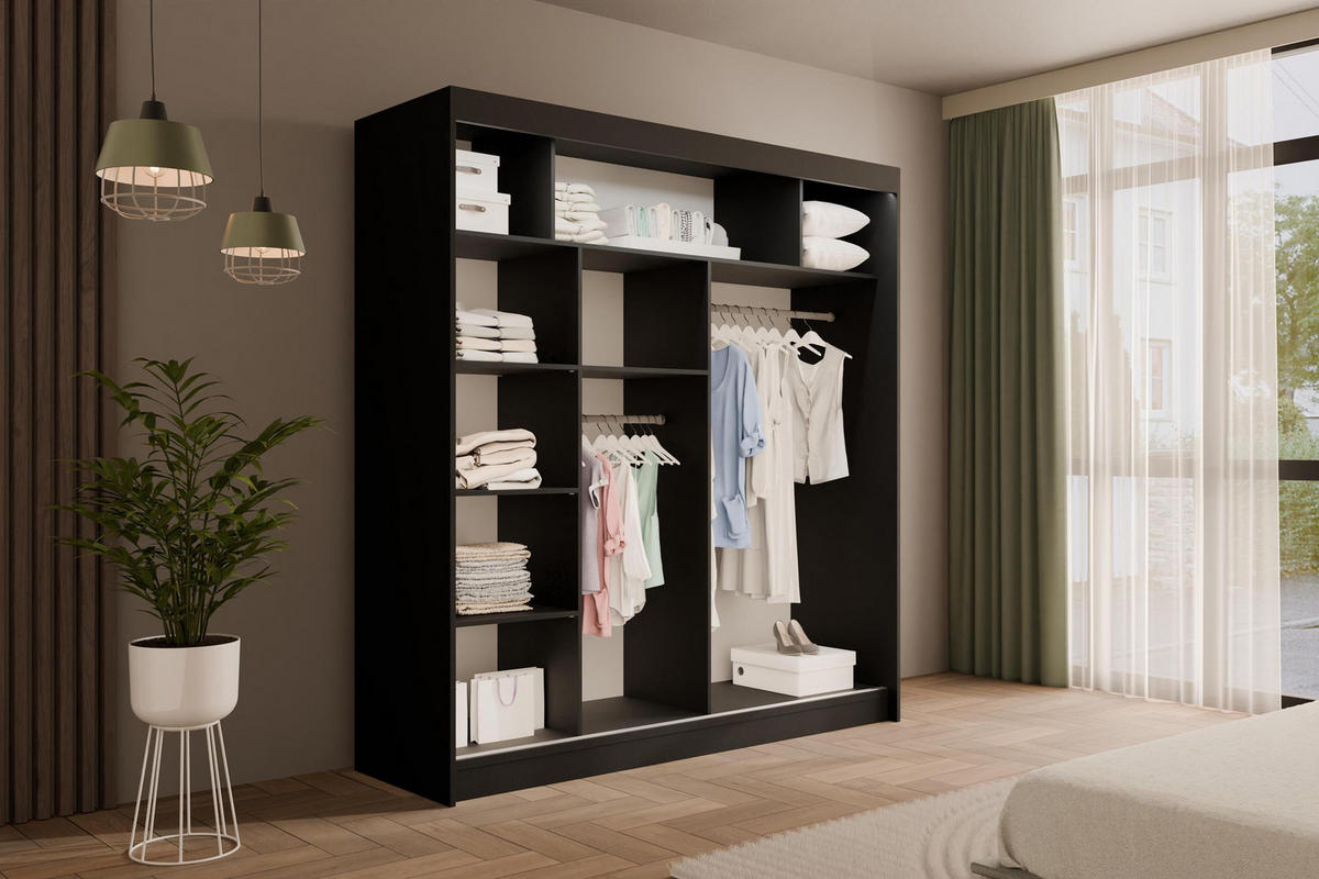 KLEIDERSCHRANK AMOHA mit LED - 200 cm - Schwarz - Schwarz, Holzwerkstoff (200/215/61cm) - ALTDECOR