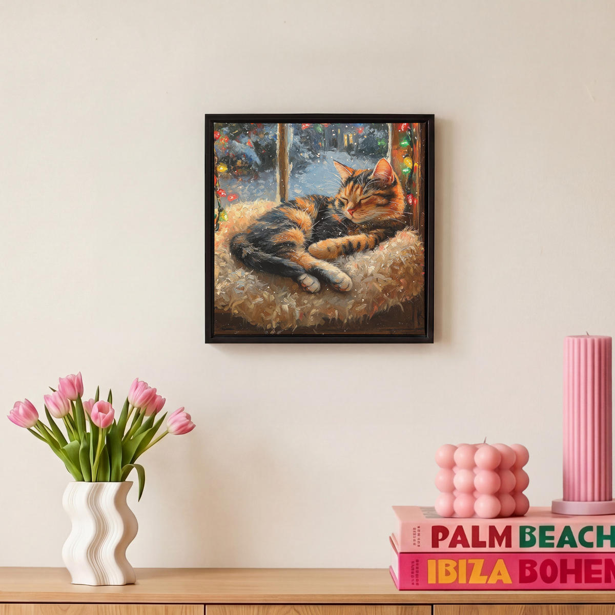 LEINWAND Bilder mit Rahmen - Katze - Weihnachten - Winter - Tier - 20x20 - Bernsteinfarben, Textil (20/20cm) - MuchoWow