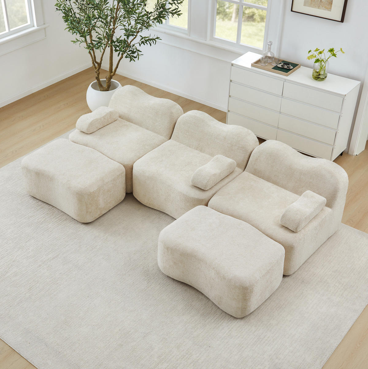 MODULARES Ecksofa mit tiefer Sitzfläche, Wellenform und flexiblem Aufbau, Beige - Beige, Textil (288/167cm) - Redom