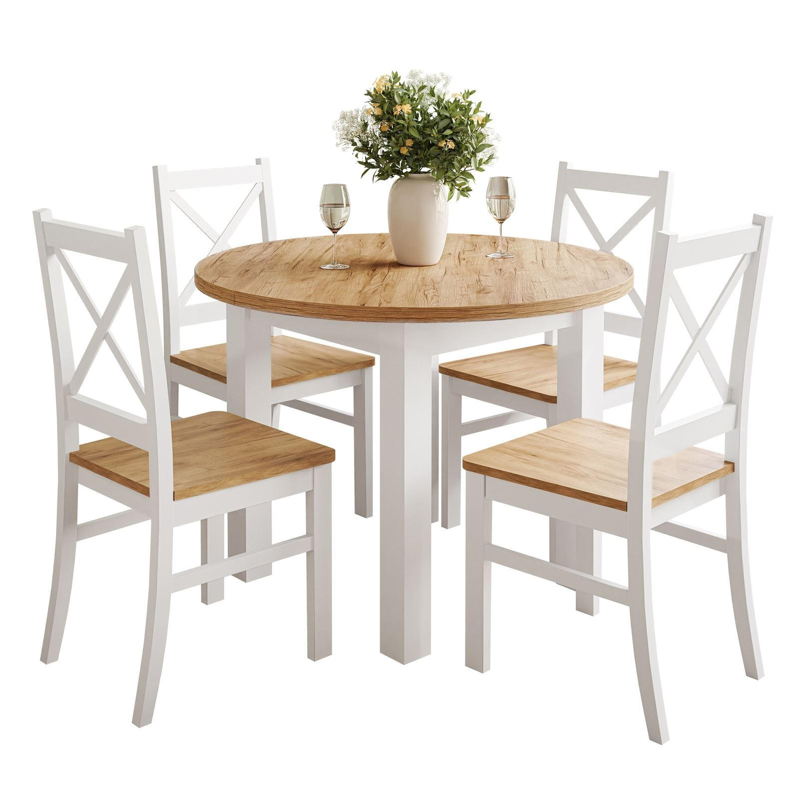 ESSZIMMERSET OLEA Tisch + 4 Stühle - Eichefarben/Weiß, Holzwerkstoff (100/77/100cm) - Lookway