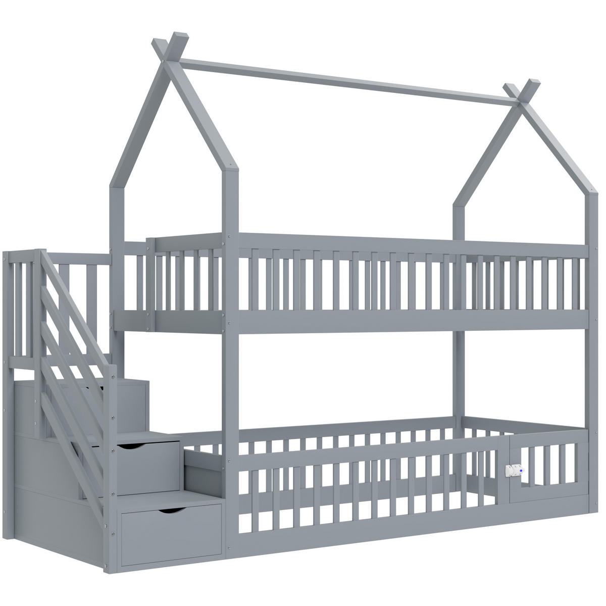 HAUSBETT 90/200 cm aus Kiefernholz mit Treppe und Schubladen in Grau - Grau, Holz (90/200cm) - BEAOK