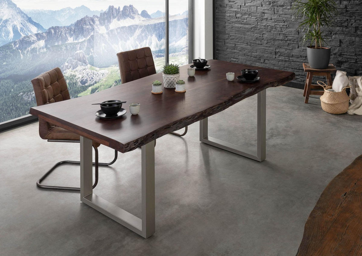 BAUMTISCH Akazie 220x100x77 braun lackiert / U-Beine silber matt FREEFORM 5 - Silberfarben/Braun, Holz (220/100/77cm) - Massivmoebel24
