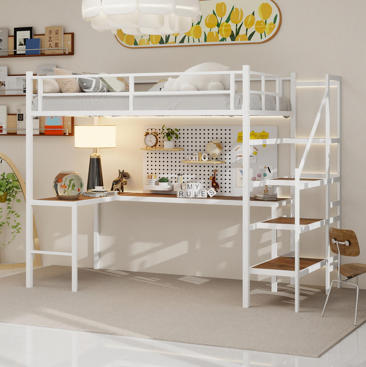 VYSOKÁ posteľ 90/190 cm biela zo železa s L stolom, úložnými schodmi a celistvým zábradlím - biela, kov (90/200cm) - OKWISH