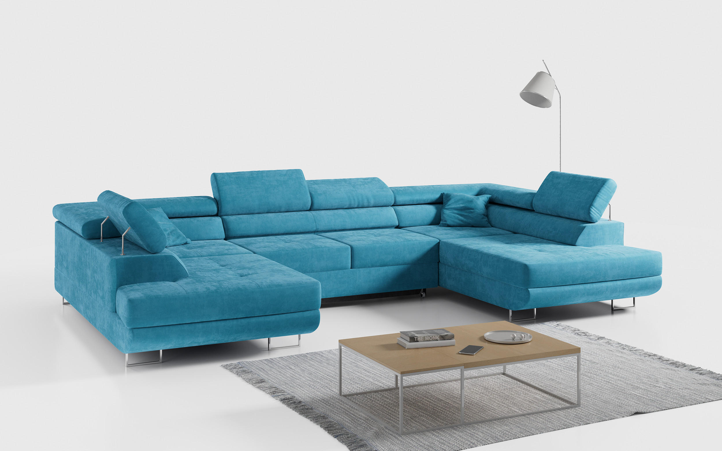 WOHNLANDSCHAFT GUSTAW U Hellblau Velvet - Silberfarben/Hellblau, Textil/Metall (340/55/205cm) - MKS