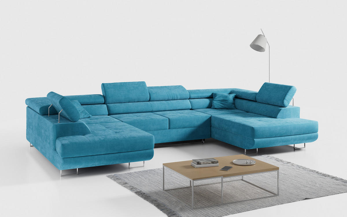 WOHNLANDSCHAFT GUSTAW U Hellblau Velvet - Silberfarben/Hellblau, Textil/Metall (340/55/205cm) - MKS
